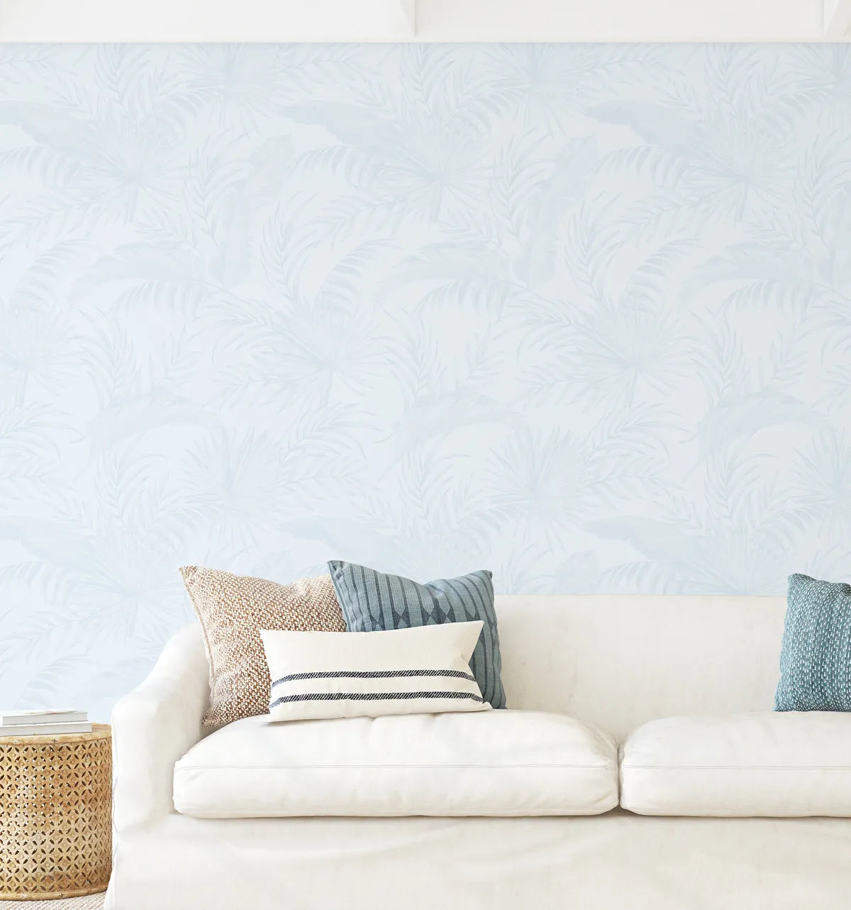 Coastal Luxe Palms Wallpaper | Duck Egg Blue from Olive et Oriel where you can shop wallpaper and artworks online