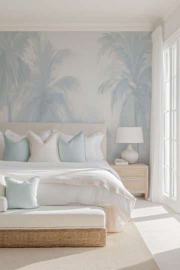 Coastal Palms Trees in Palisade Blue Wallpaper Mural from Olive et Oriel where you can shop wallpaper and artworks online