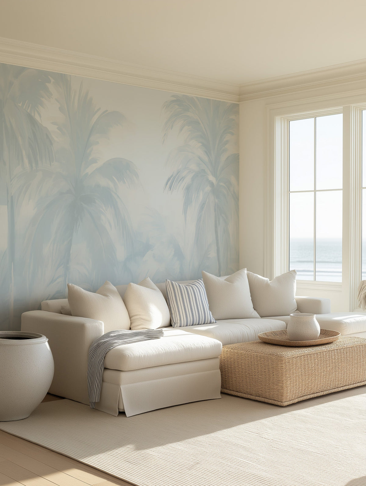Coastal Palms Trees in Palisade Blue Wallpaper Mural from Olive et Oriel where you can shop wallpaper and artworks online