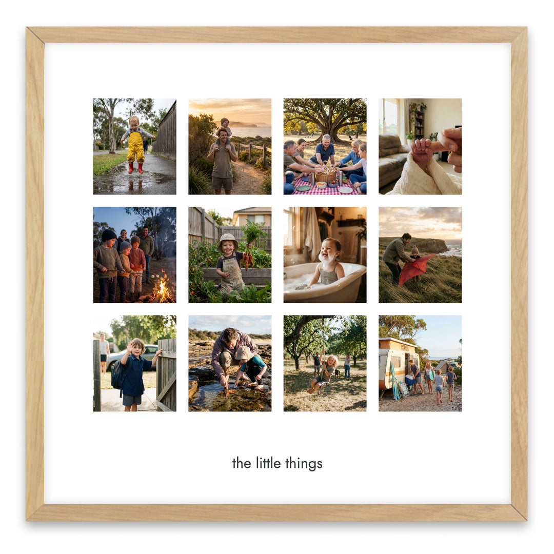 The Little Collection | Personalised Photo Collage example in the standard oak finish acrylic frame