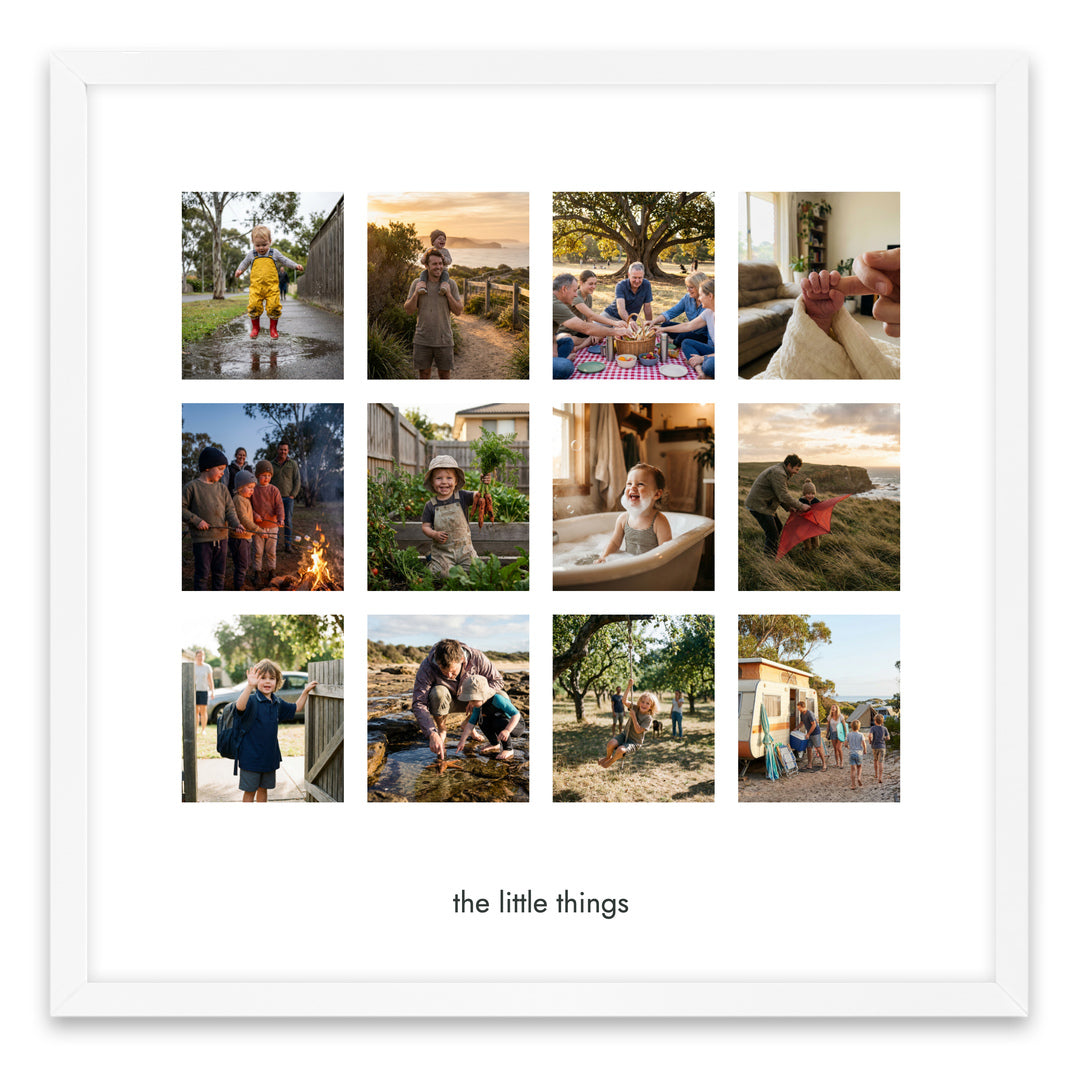 The Little Collection | Personalised Photo Collage example in the standard white finish acrylic frame