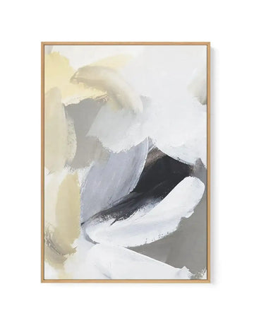 Abstract canvas print featuring broad, sweeping brushstrokes in white, pale grey, and warm beige, with darker accents of charcoal and black, creating a dynamic, layered composition. The artwork is displayed in a natural wood frame.