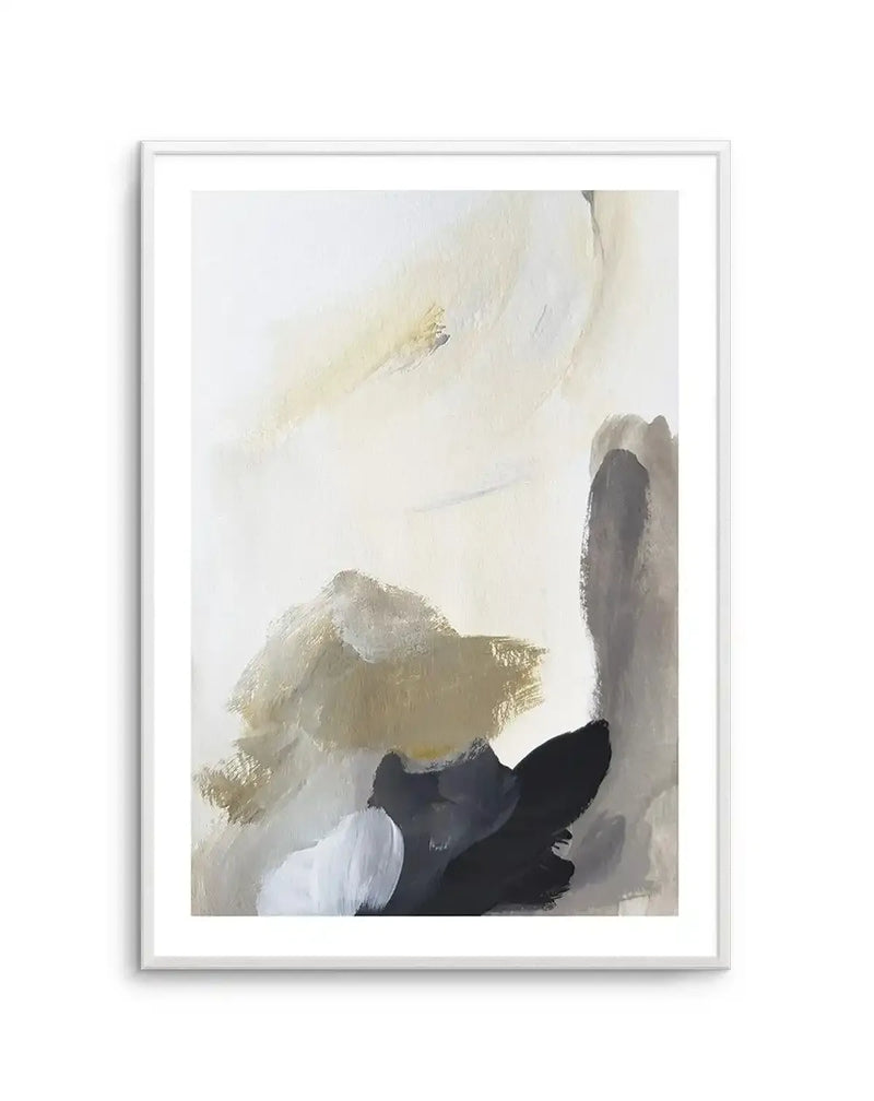 Contemporary abstract art print featuring loose watercolor brushstrokes in cream, soft gold, and pale gray tones across the upper portion. Lower right corner shows bold black and white gestural marks suggesting a figure or form. The composition has an ethereal, minimalist quality with areas of wet pigment blending into white space. Framed in silver-toned frame with white border.