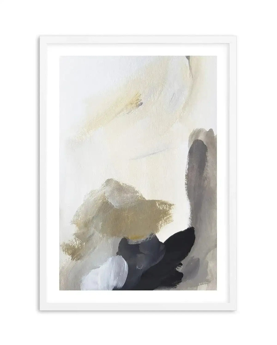 Abstract art print featuring broad, expressive brushstrokes in warm cream, muted beige, dark charcoal, and soft grey, creating a dynamic composition with a sense of depth and movement. Printed on fine art paper and displayed in a white frame with white border.