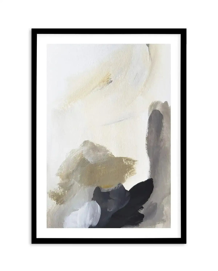Contemporary Art III art print in black frame with white border, featuring an abstract watercolor painting with soft cream, pale yellow, and warm beige tones in the upper portion, contrasting with bold black and dark navy brushstrokes in the lower right corner, creating a minimalist composition with gestural marks and layered, translucent washes suggesting organic forms and vertical elements.