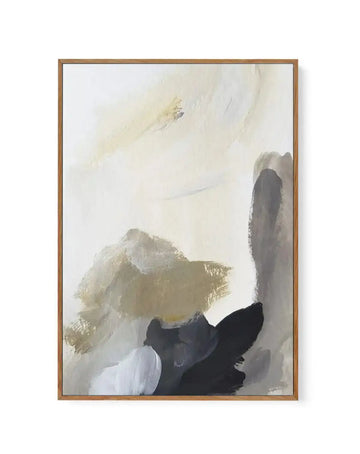 Abstract canvas print featuring broad, expressive brushstrokes in muted tones of warm beige, charcoal grey, black, and soft white, creating a dynamic composition with a sense of movement and depth, displayed in a natural oak frame.
