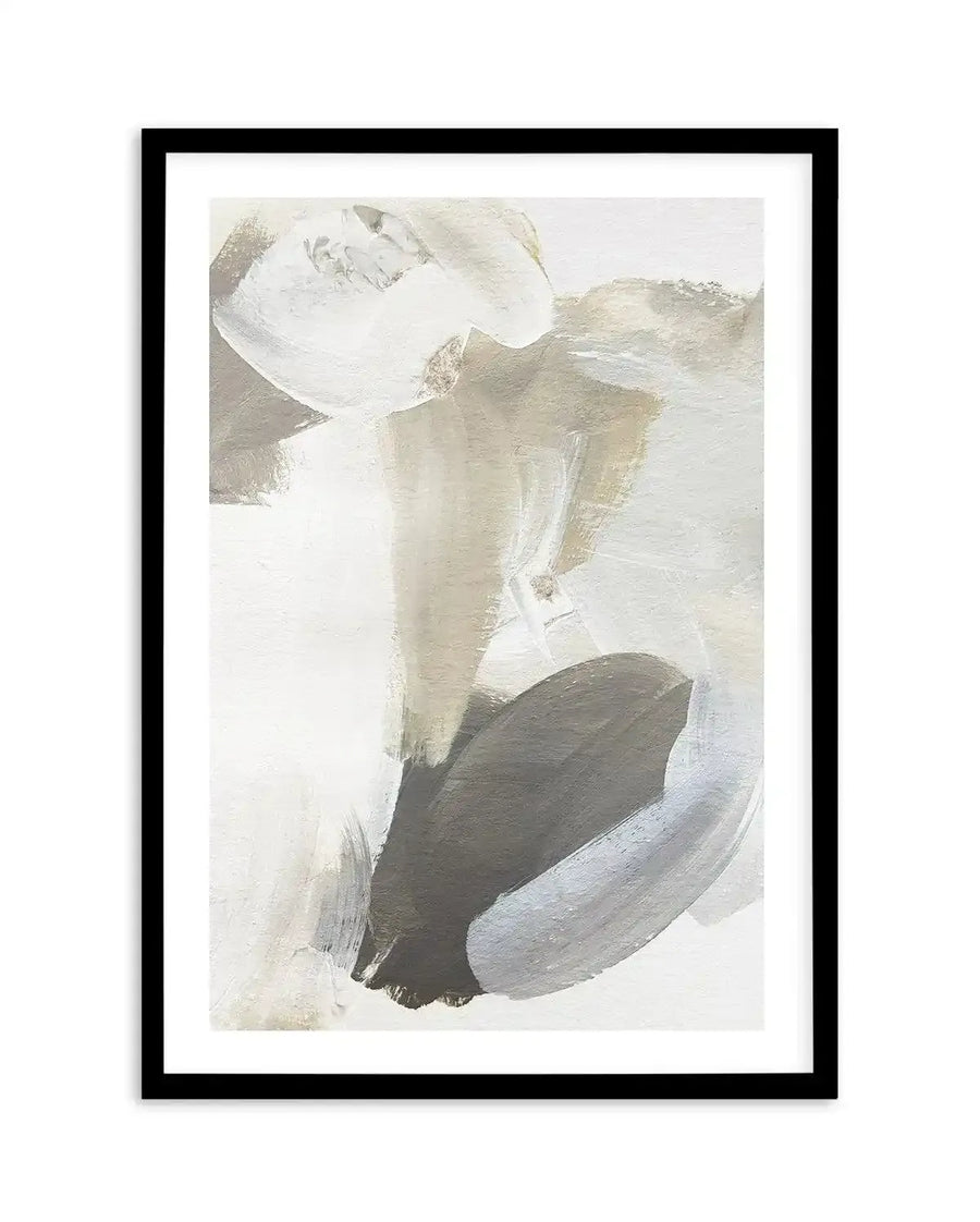 Abstract art print featuring broad, expressive brushstrokes in shades of white, cream, beige, and dark grey, creating a dynamic and layered composition. Printed on fine art paper and displayed in a black frame with a white border.