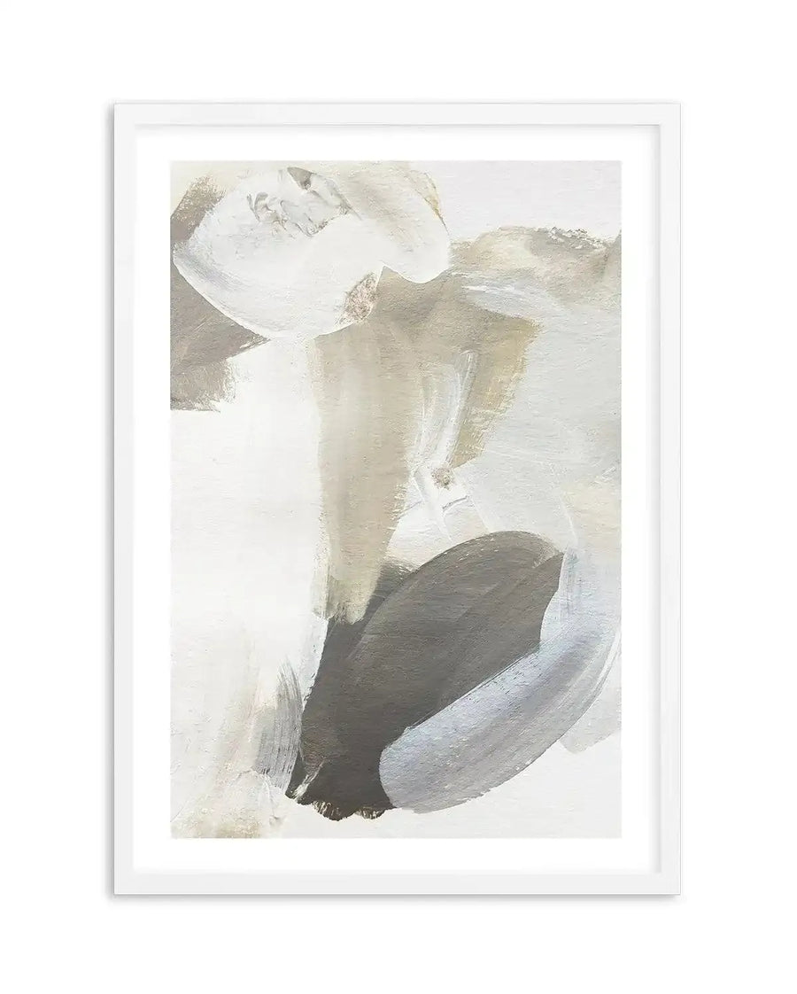 Abstract art print featuring broad, expressive brushstrokes in shades of warm white, beige, light grey, and dark charcoal, creating a dynamic and layered composition. The brushwork has a visible texture, suggesting oil or acrylic paint, and is displayed in a white frame with a white border.