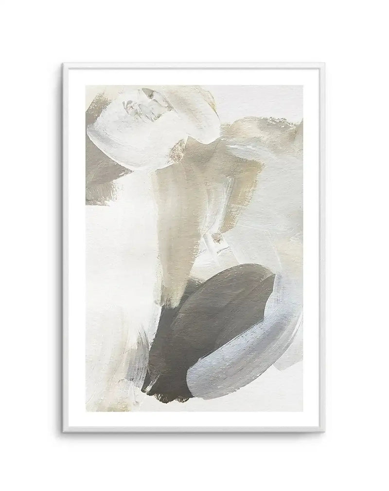 Abstract art print featuring broad, expressive brushstrokes in shades of warm beige, soft grey, and creamy white, creating a dynamic and layered composition. The artwork is displayed in a white frame with a white border.