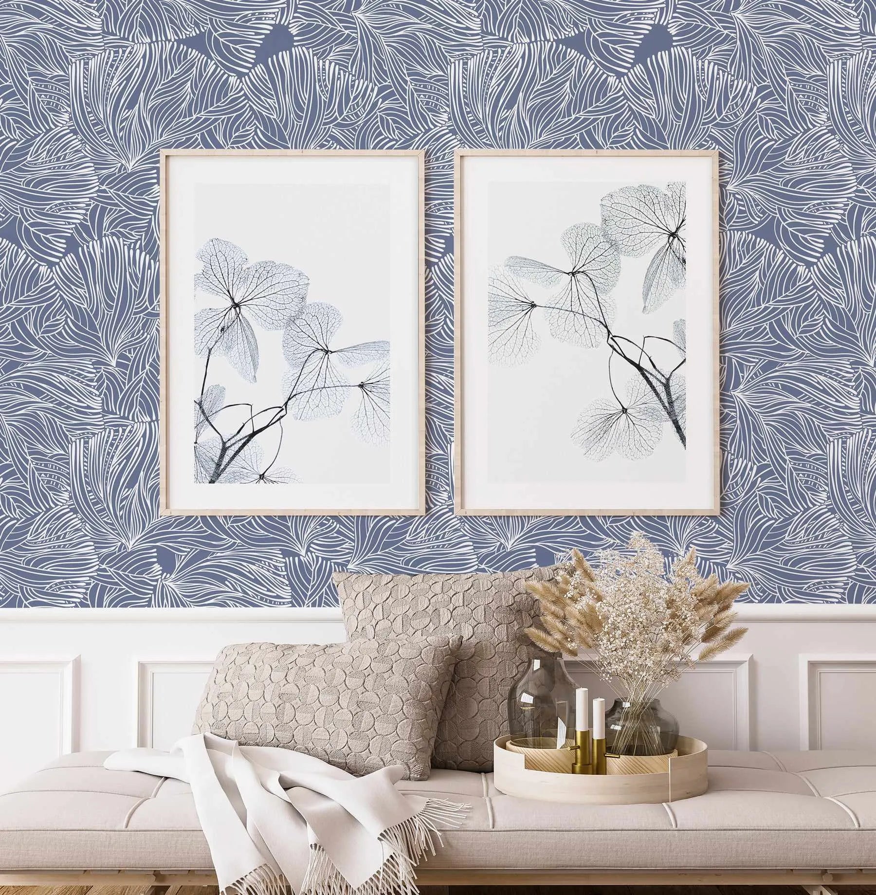 Coral in Navy Wallpaper from Olive et Oriel where you can shop wallpaper and artworks online