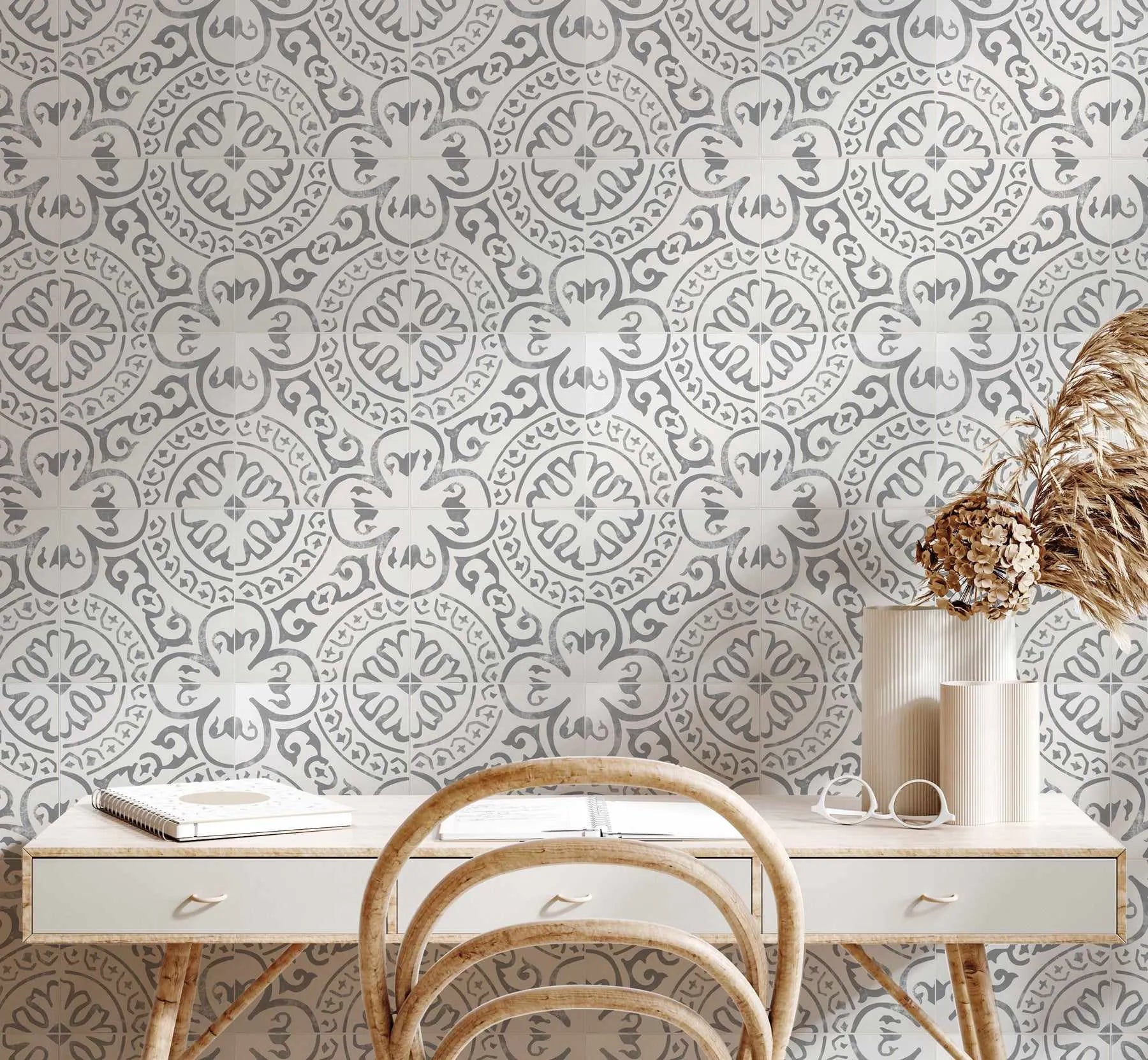 Cottage Tile Wallpaper from Olive et Oriel where you can shop wallpaper and artworks online