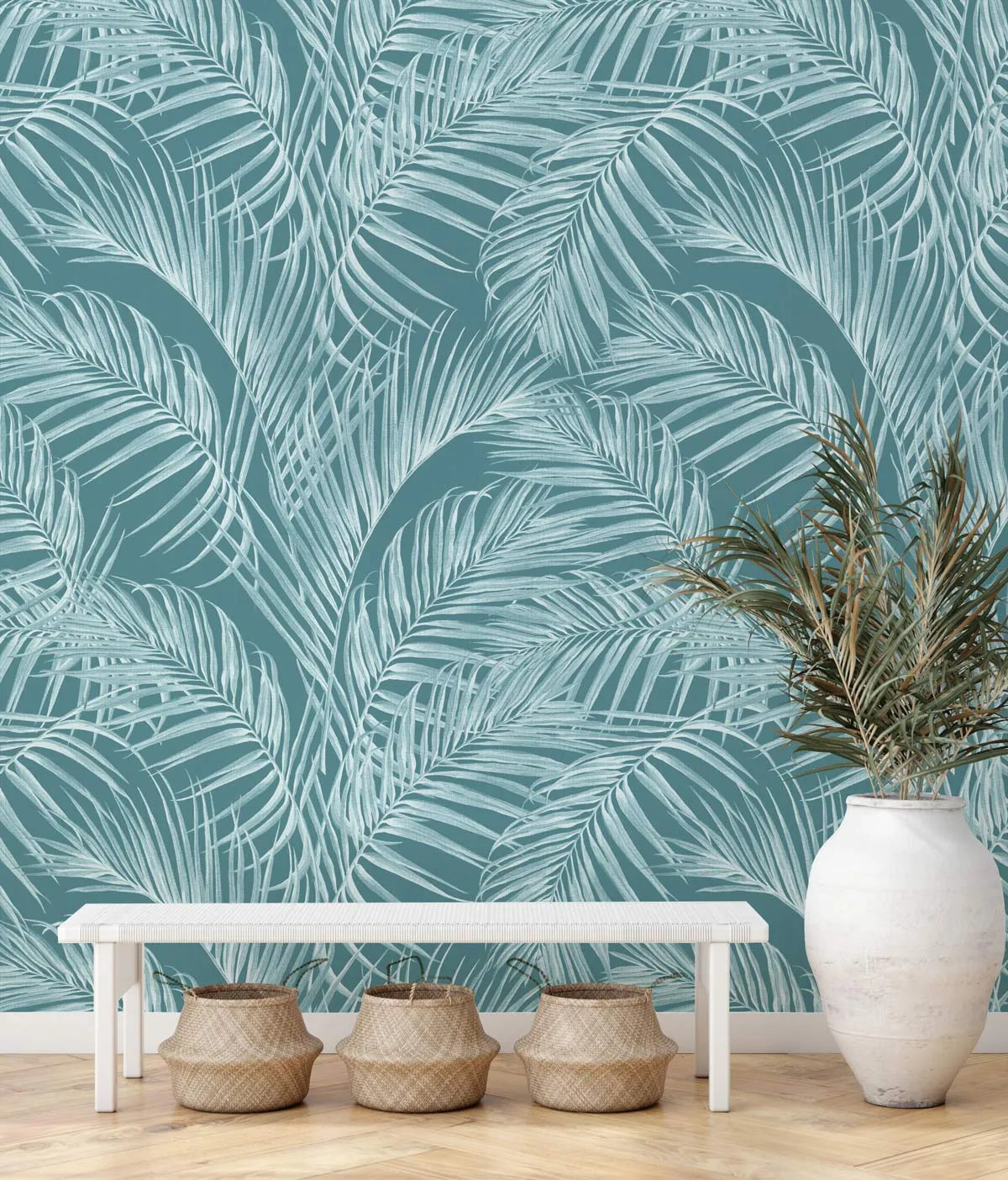 Palm Escape Dark Teal Wallpaper from Olive et Oriel where you can shop wallpaper and artworks online
