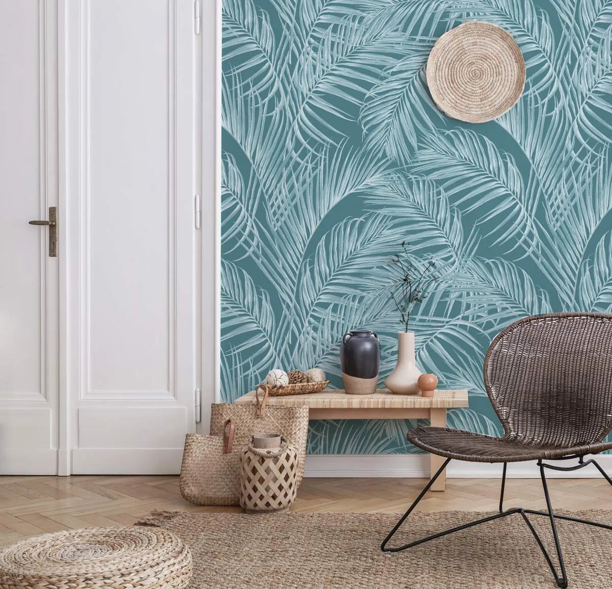 Palm Escape Dark Teal Wallpaper from Olive et Oriel where you can shop wallpaper and artworks online