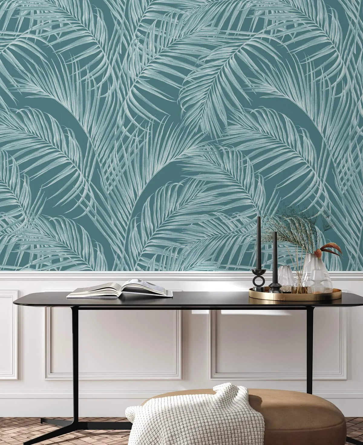 Palm Escape Dark Teal Wallpaper from Olive et Oriel where you can shop wallpaper and artworks online