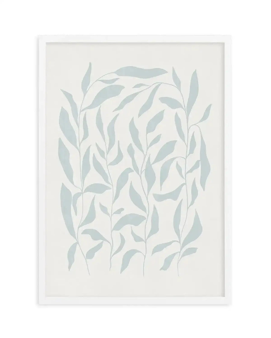 Watercolour art print featuring several tall, slender botanical stems with multiple elongated leaves in a soft, muted sage green on a warm off-white background, displayed in a white frame with white border.