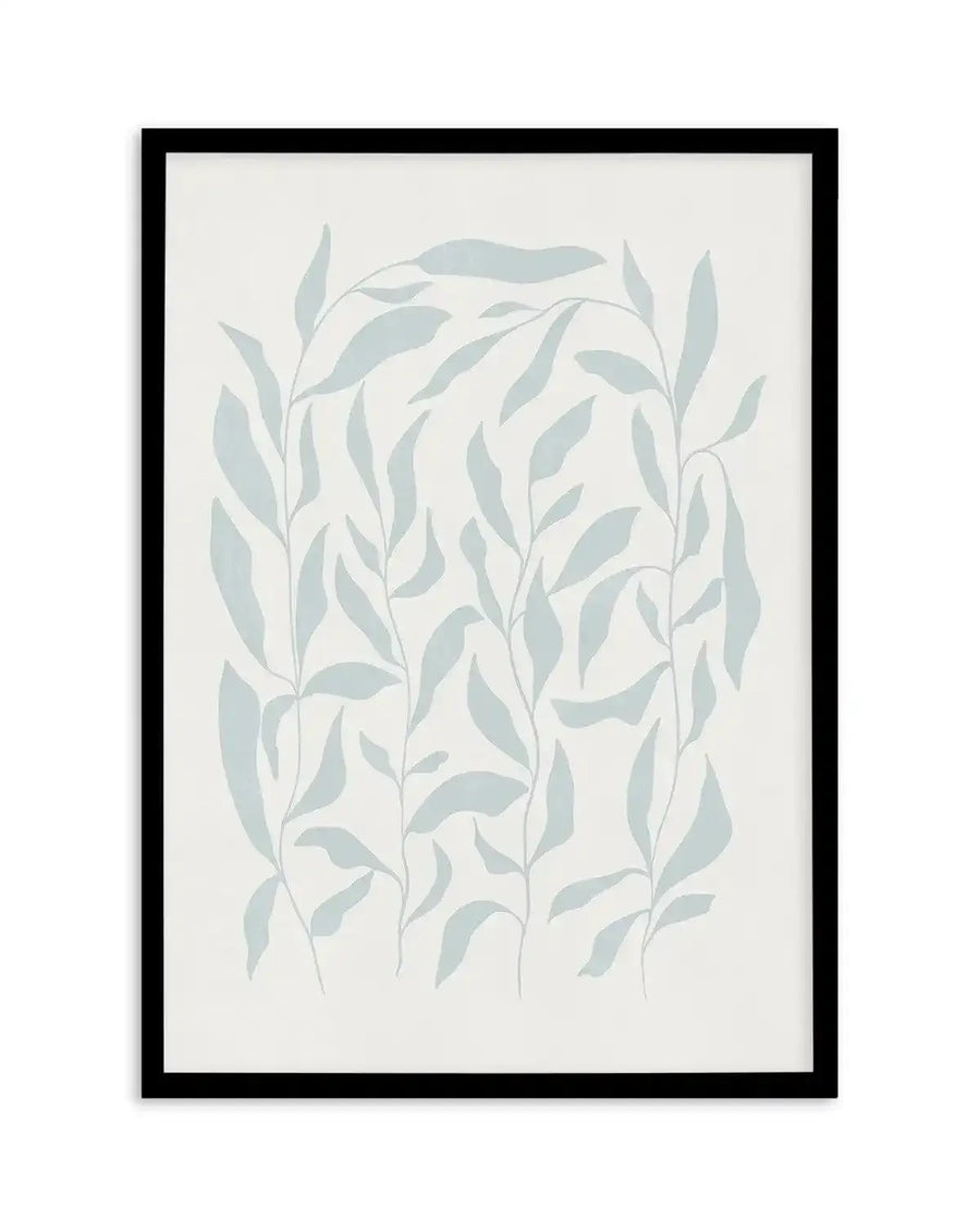 Art print featuring an illustration of delicate botanical stems with elongated, soft blue-grey leaves arranged in a gentle, organic pattern on a warm white background, displayed in a black frame with a white border.