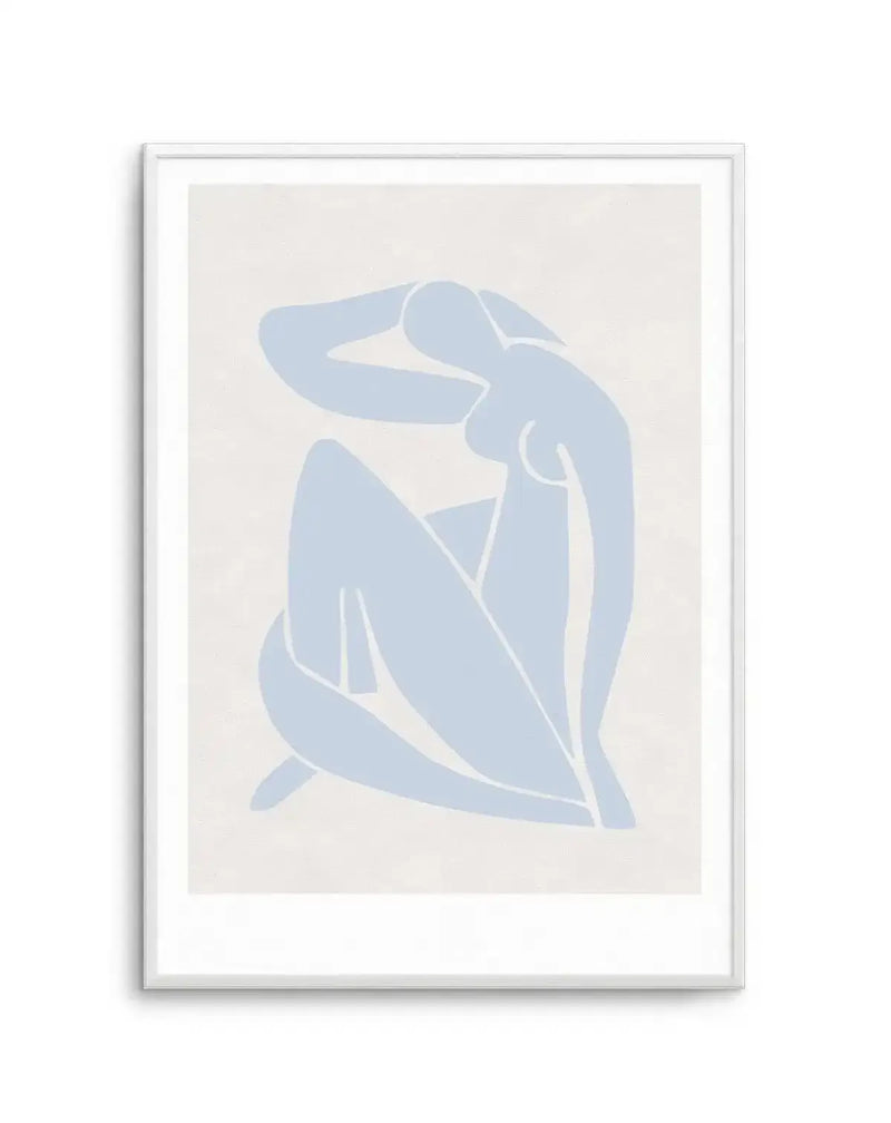 Art print featuring a minimalist illustration of a seated female figure in a light periwinkle blue against a soft off-white background, with a white frame and white border. The figure is depicted with simplified, flowing lines, with one arm raised behind her head and her legs drawn up.