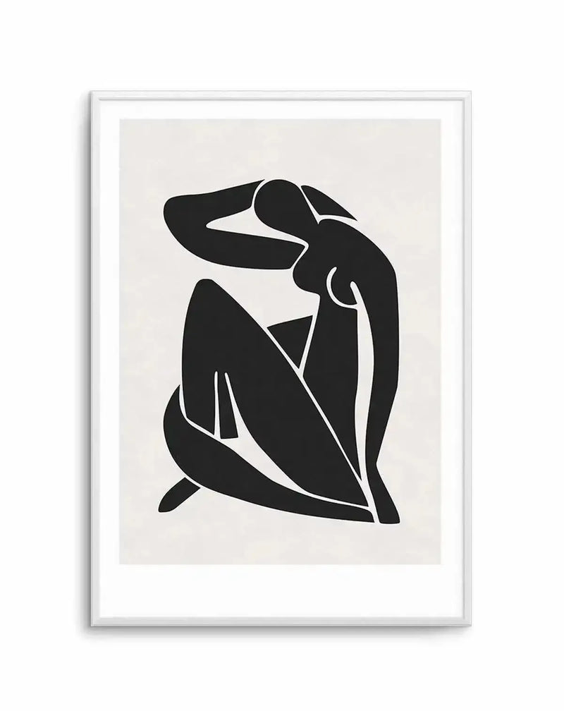 Abstract art print featuring a stylized silhouette of a seated female figure in solid black against a light cream background, with a white frame and white border. The figure is depicted with one arm raised to her head and her legs folded, creating a fluid, curvilinear composition.