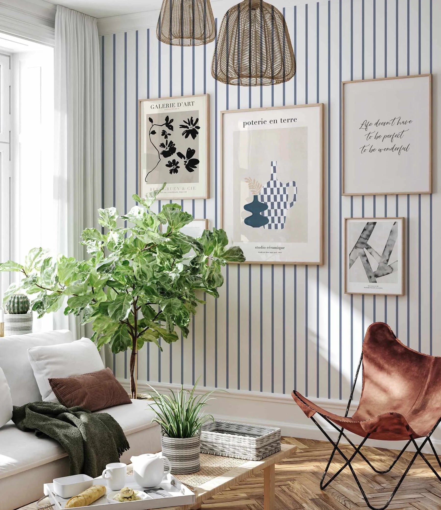 Stripe Wallpaper In Denim from Olive et Oriel where you can shop wallpaper and artworks online