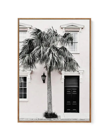Framed black and white photograph of a palm tree in front of a building with a natural wood frame and white border. The composition features a tall palm tree with a slender trunk and full fronds, centered in front of a light-colored building with two windows and a dark door. A dark lantern hangs on the wall to the left of the palm tree.