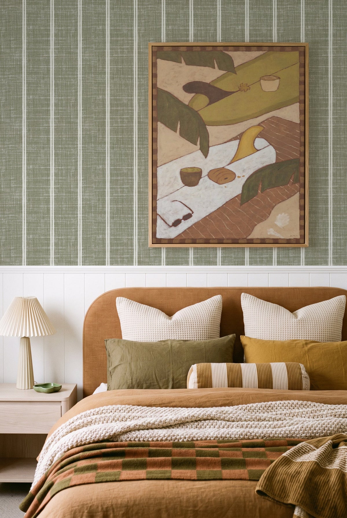 Linen Double Stripe in Deep Sage Green | Linen Texture Wallpaper