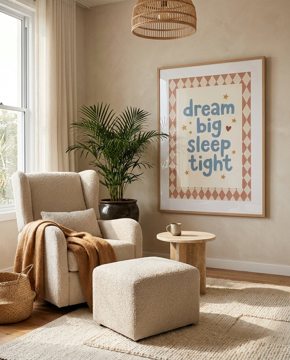 Dream Big Sleep Tight nursery art print framed and styled on the wall of a coastal Australian baby room at Olive et Oriel