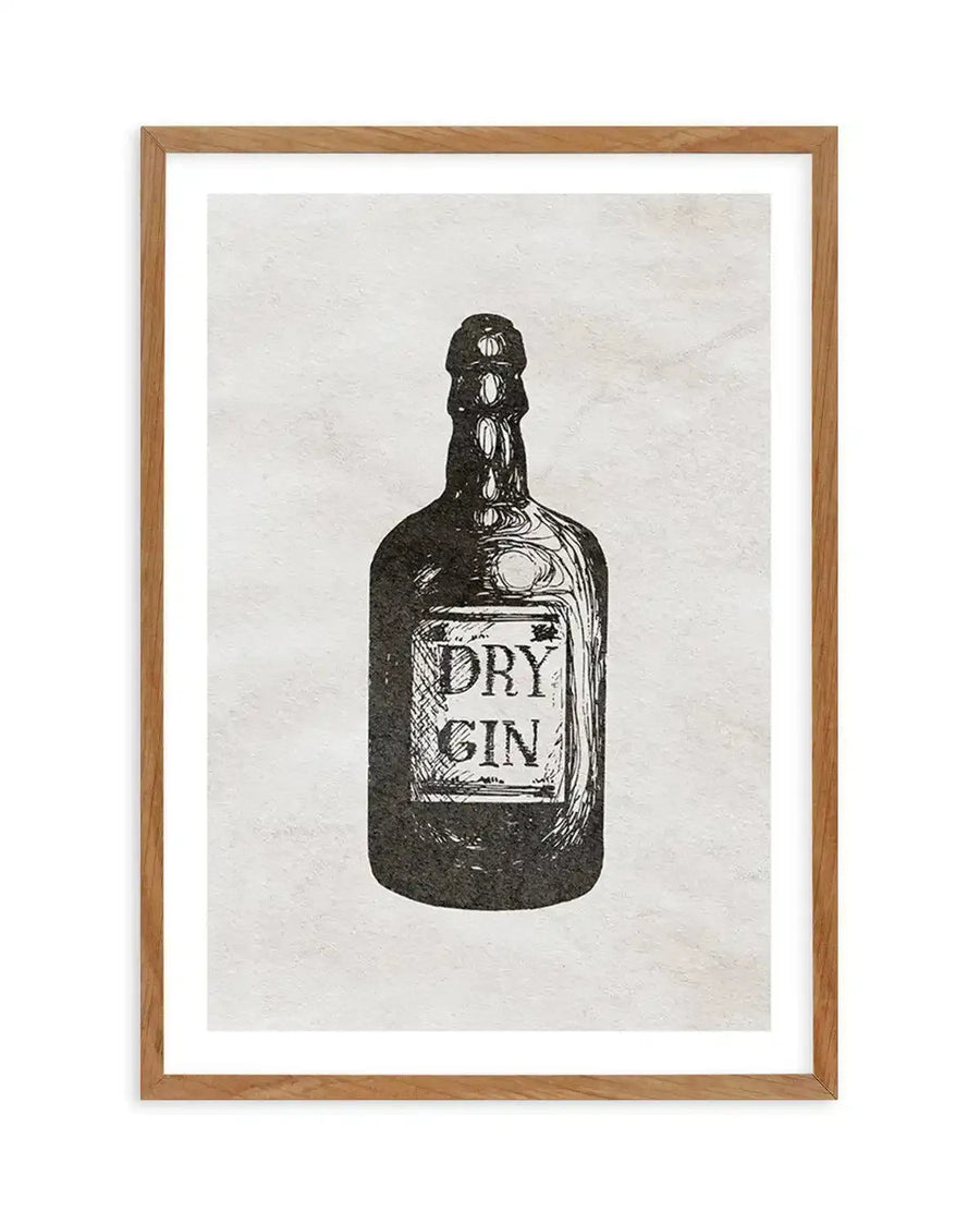 Art print featuring a black and white illustration of a vintage-style gin bottle with "DRY GIN" written on the label, displayed in a natural oak frame with white border. The illustration has a hand-drawn, slightly distressed texture against a light, textured background.