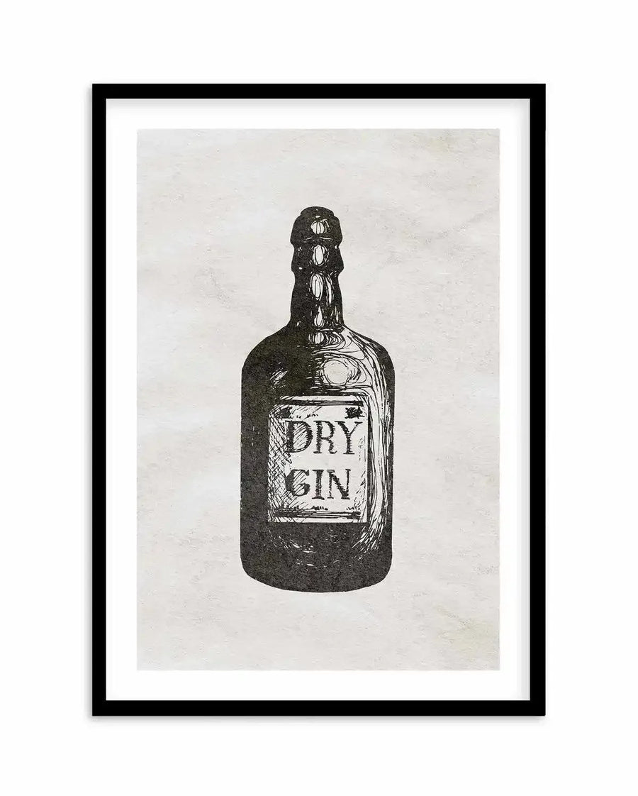 Art print featuring a black and white illustration of a vintage-style "DRY GIN" bottle on a textured off-white background, displayed in a black frame with white border. The bottle has a distressed, hand-drawn quality with visible lines and shading.
