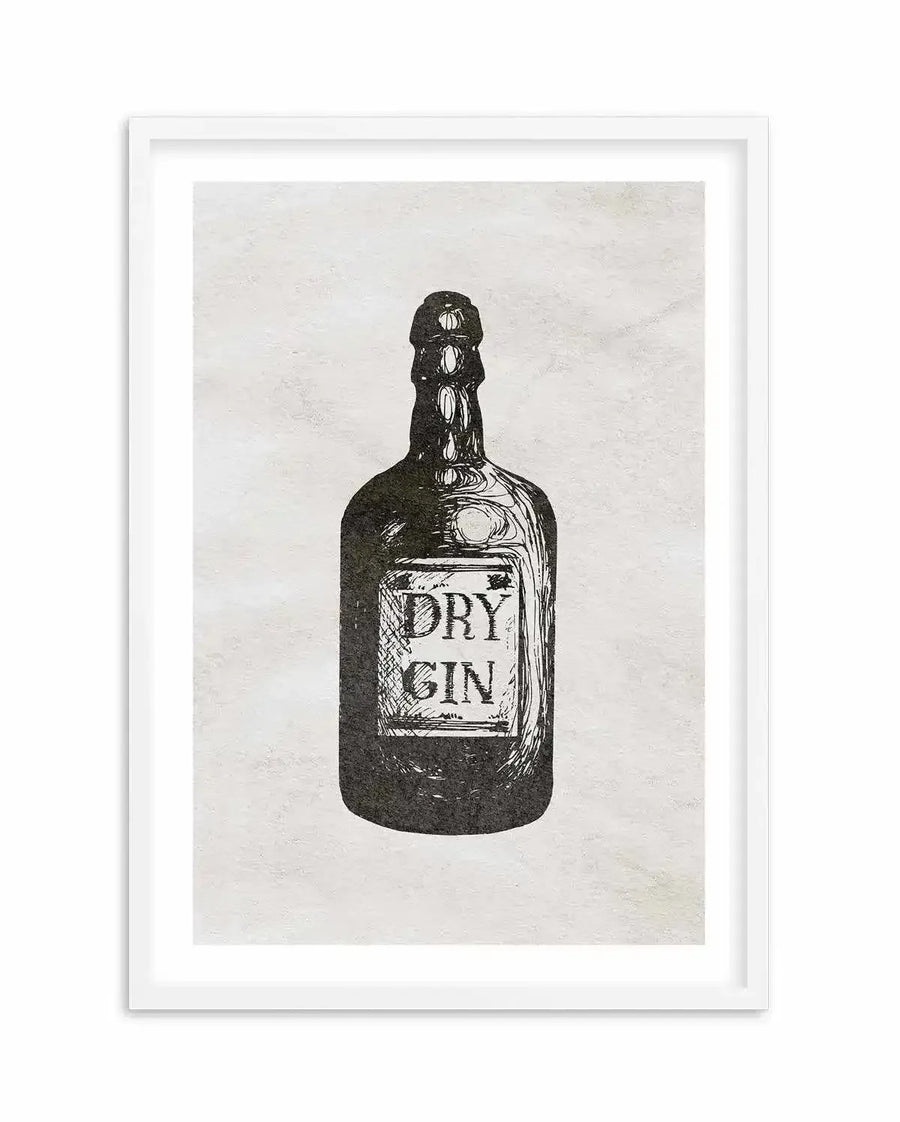 Art print featuring a vintage-style illustration of a "DRY GIN" bottle in black and white, with a distressed, textured background, displayed in a white frame with a white border.