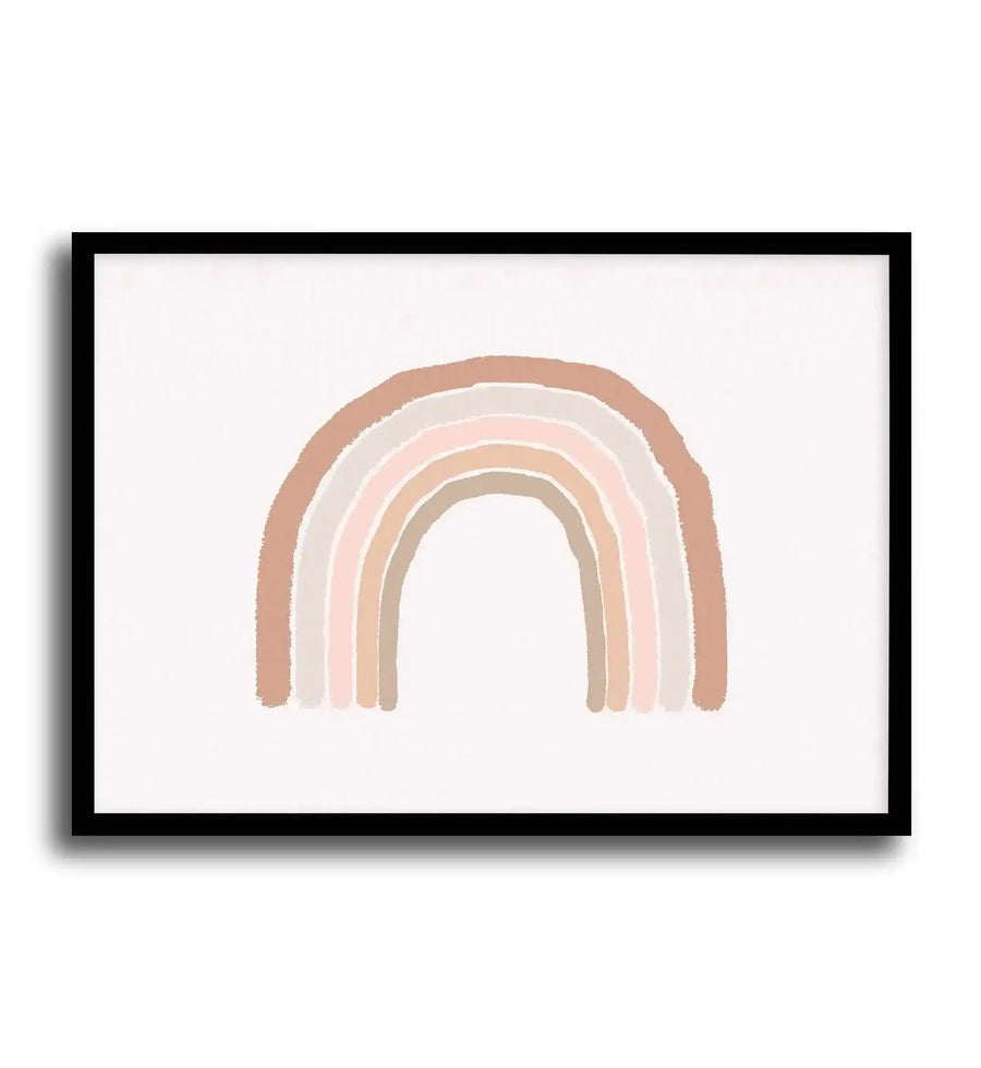 Earth's Rainbow LS Art Print displayed in a black frame with white border against a light background. The artwork features a hand-painted rainbow arch composed of five concentric curved bands in soft, muted earth tones: terracotta, warm beige, dusty blush pink, pale taupe, and warm sand. The brushstrokes have soft, slightly irregular edges creating a watercolor-like texture. The rainbow is centered in the composition against a white background, rendered in a minimalist, gentle aesthetic.