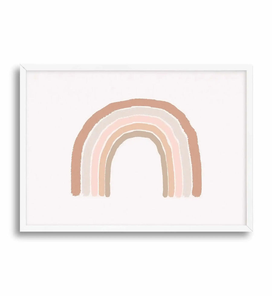 Framed art print featuring a minimalist rainbow design with concentric arches in warm, earthy tones including terracotta, cream, soft pink, taupe, and warm beige against a white background. The rainbow has a hand-painted, organic quality with slightly textured edges. The artwork is displayed in a white frame with a white border.