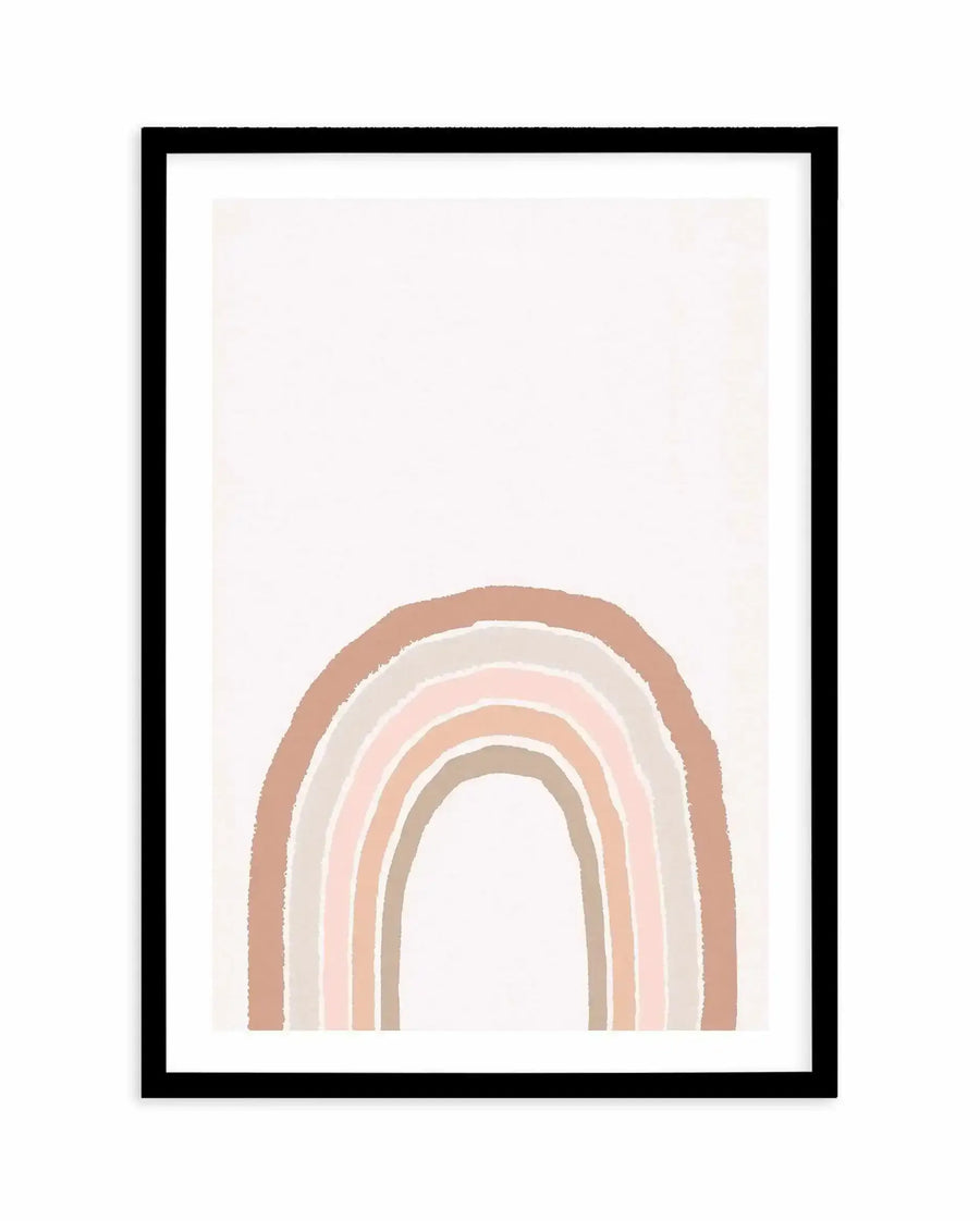 Earth's Rainbow PT Art Print in black frame featuring a minimalist abstract rainbow design. The rainbow consists of concentric arcs in warm, earthy tones: terracotta brown, cream, dusty rose pink, warm beige, and tan, rendered with soft, hand-painted texture. The rainbow arc is positioned in the lower portion of a light cream background, with the frame displaying a white border around the artwork.