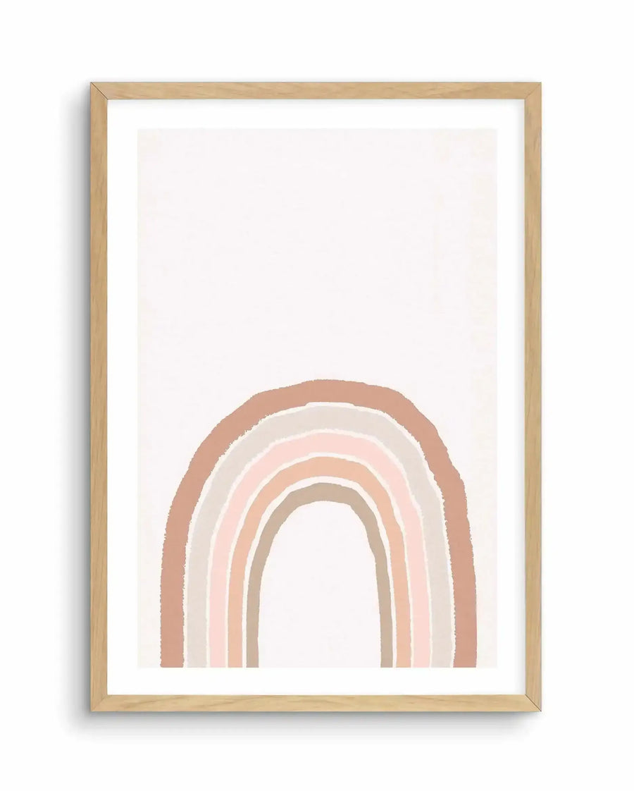 Watercolour art print featuring an abstract rainbow design with wide, textured brushstrokes in muted shades of terracotta, pale grey, dusty pink, and warm beige, printed on fine art paper and displayed in a natural oak frame with white border