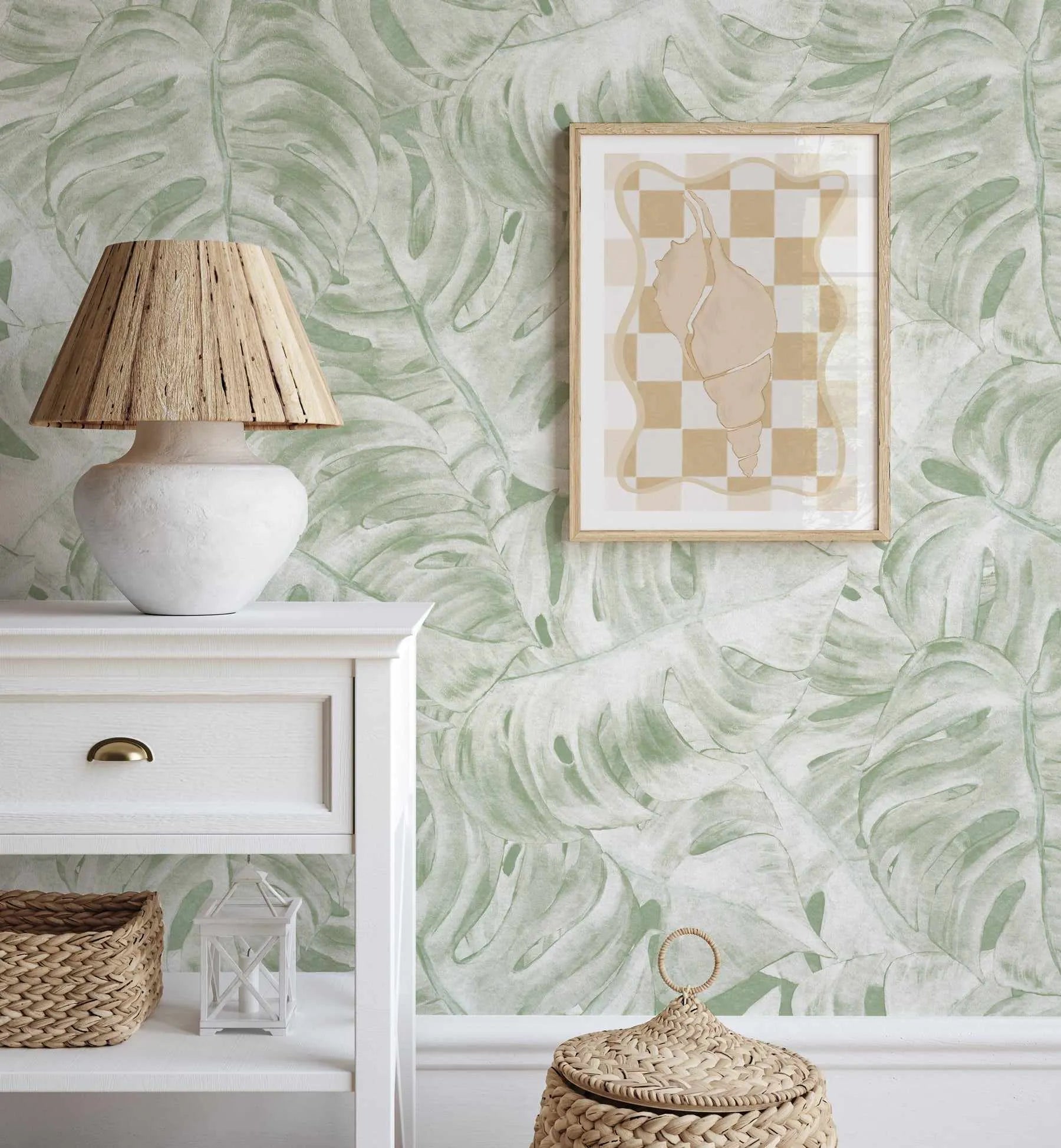 Hamptons Monstera Sage Green Wallpaper from Olive et Oriel where you can shop wallpaper and artworks online