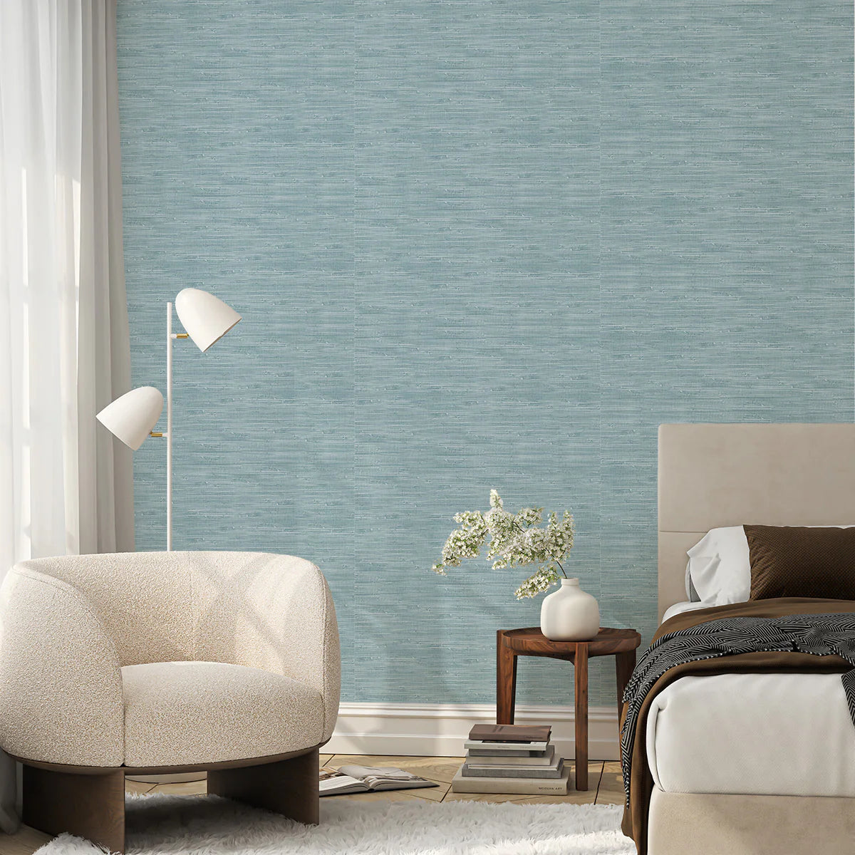 Faux Grasscloth in Light Blue Commercial Vinyl Wallpaper-Commercial Wallcoverings-Olive et Oriel-Luxury commercial-grade embossed and textured vinyl wallcovering durable fire-rated washable stain-resistant and customizable perfect for hotels offices retail childcare healthcare and hospital spaces vinyl wallpaper