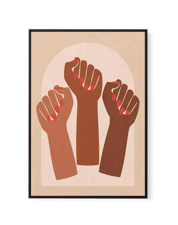 Framed canvas art print featuring three raised fists in varying brown skin tones against a soft beige background with a pale pink circular halo. The fists are rendered in a minimalist illustration style with red nail polish accents and thin white line details. The composition is centered within an arched frame. Black wooden frame with white border surrounding the artwork.