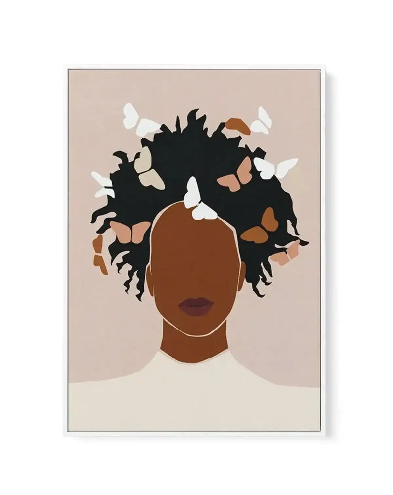 Framed canvas art print featuring an abstract illustration of a woman's head and shoulders against a beige background. The woman has a brown skin tone, defined burgundy lips, and wears a cream-colored turtleneck. Her hair is rendered as a dramatic black silhouette with brown and tan leaf-like shapes integrated throughout, adorned with white and brown butterflies in flight. The composition uses a minimalist, modern style with soft, muted earth tones. The canvas is mounted in a gray frame with a white border.