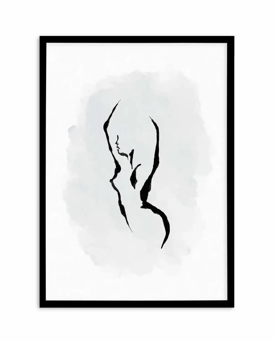 Watercolour art print featuring a minimalist black line drawing of a female torso and head in profile, with arms raised, against a soft periwinkle blue wash background. The artwork is displayed in a black frame with a white border.