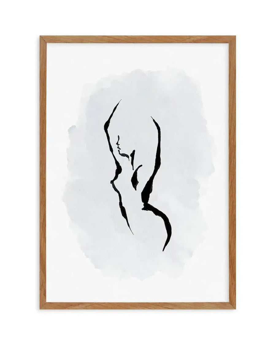Line art print featuring a minimalist illustration of a female torso and head in profile, drawn with thick black lines against a soft periwinkle blue watercolour wash background. The print is displayed in a natural oak frame with a white border.