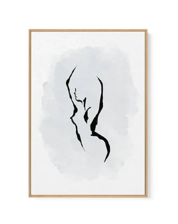 Framed canvas art print featuring abstract black line drawings of three curved, elongated figures against a soft periwinkle blue watercolour wash background. The minimalist composition uses bold black ink strokes to suggest human silhouettes in a continuous line drawing style. The canvas is set in a natural wood frame with a white border, displayed against a neutral background.