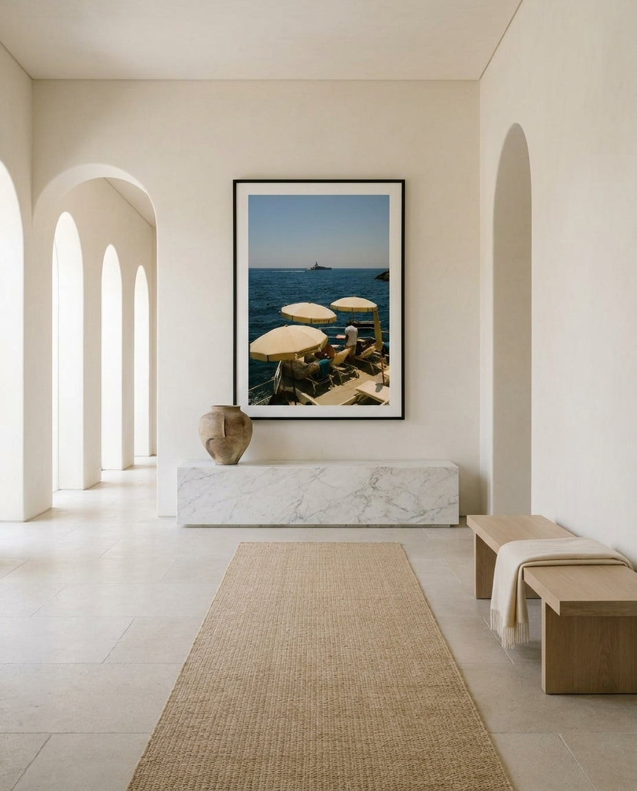 Amalfi by Carson Grzegorczyk fine art photography framed art print in a solid timber frame with black finish and white mat styled extra large in an architecturally designed luxury home at Olive et Oriel