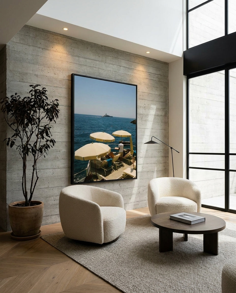 Amalfi by Carson Grzegorczyk fine art photography framed canvas in a solid timber canvas float frame with black finish styled extra large in an architecturally designed luxury home at Olive et Oriel
