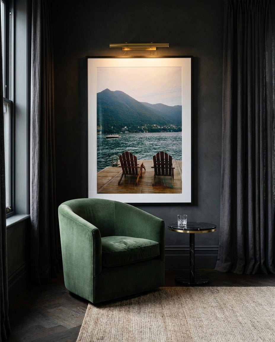 Apres by Carson Grzegorczyk fine art photography framed art print in a solid timber frame with black finish and white mat styled extra large in an architecturally designed luxury home at Olive et Oriel