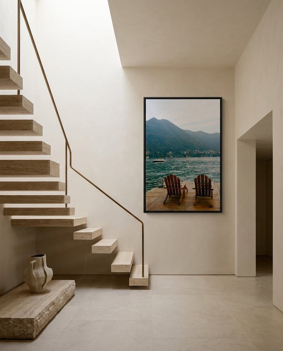 Apres by Carson Grzegorczyk fine art photography framed canvas in a solid timber canvas float frame with black finish styled extra large in an architecturally designed luxury home at Olive et Oriel