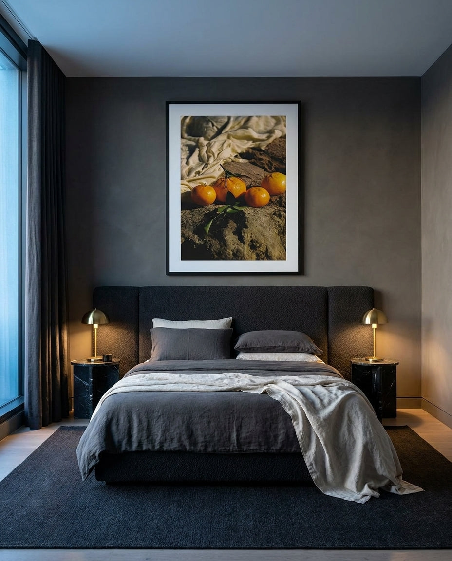 Citrus Sun by Carson Grzegorczyk fine art photography framed art print in a solid timber frame with black finish and white mat styled extra large in an architecturally designed luxury home at Olive et Oriel