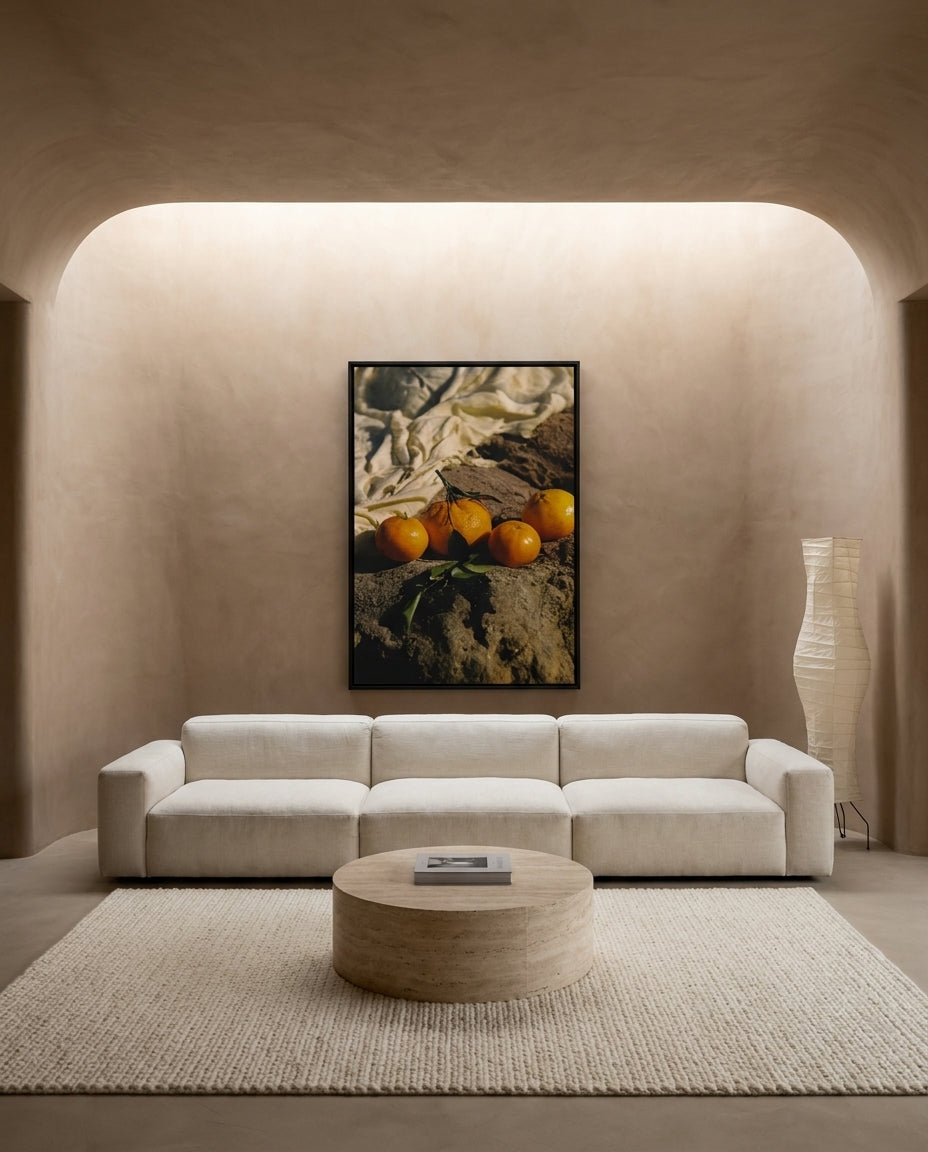Citrus Sun by Carson Grzegorczyk fine art photography framed canvas in a solid timber canvas float frame with black finish styled extra large in an architecturally designed luxury home at Olive et Oriel