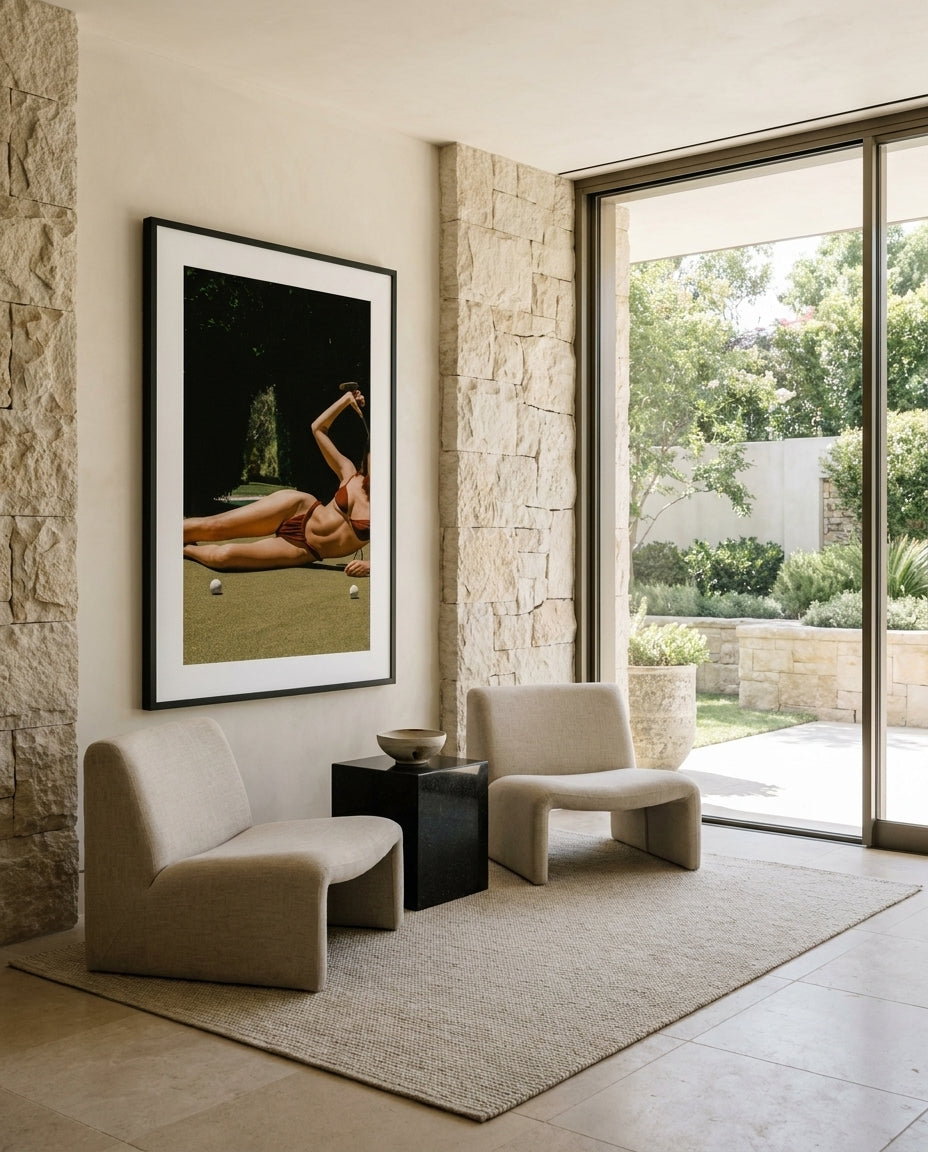 Golf Days by Carson Grzegorczyk fine art photography framed art print in a solid timber frame with black finish and white mat styled extra large in an architecturally designed luxury home at Olive et Oriel