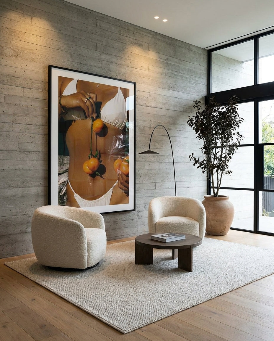 Juicy by Carson Grzegorczyk fine art photography framed art print in a solid timber frame with black finish and white mat styled extra large in an architecturally designed luxury home at Olive et Oriel