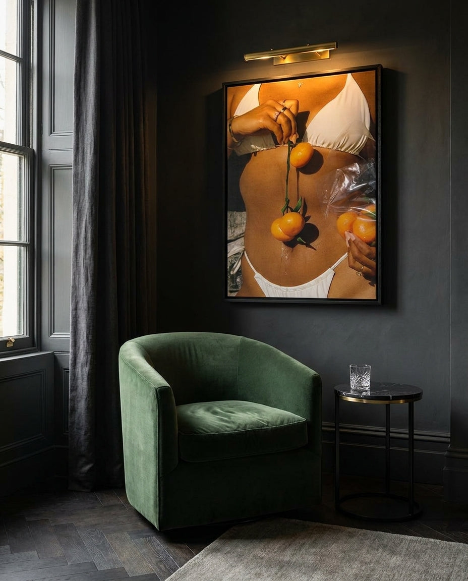 Juicy by Carson Grzegorczyk fine art photography framed canvas in a solid timber canvas float frame with black finish styled extra large in an architecturally designed luxury home at Olive et Oriel