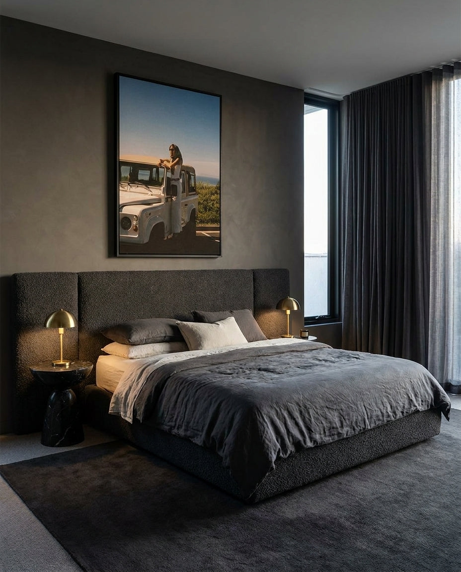 Long Drive by Carson Grzegorczyk fine art photography framed canvas in a solid timber canvas float frame with black finish styled extra large in an architecturally designed luxury home at Olive et Oriel